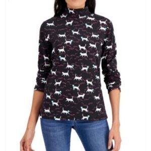 Karen Scott Curious-Cat Print Top Long Sleeves Mock Turtle Neck NWT